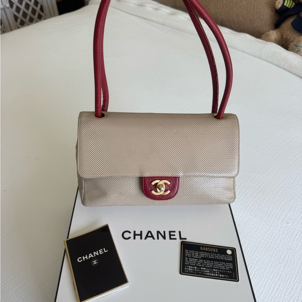 CHANEL Vintage Top Handle Shoulder Bag – Perforated Leather, Authentic